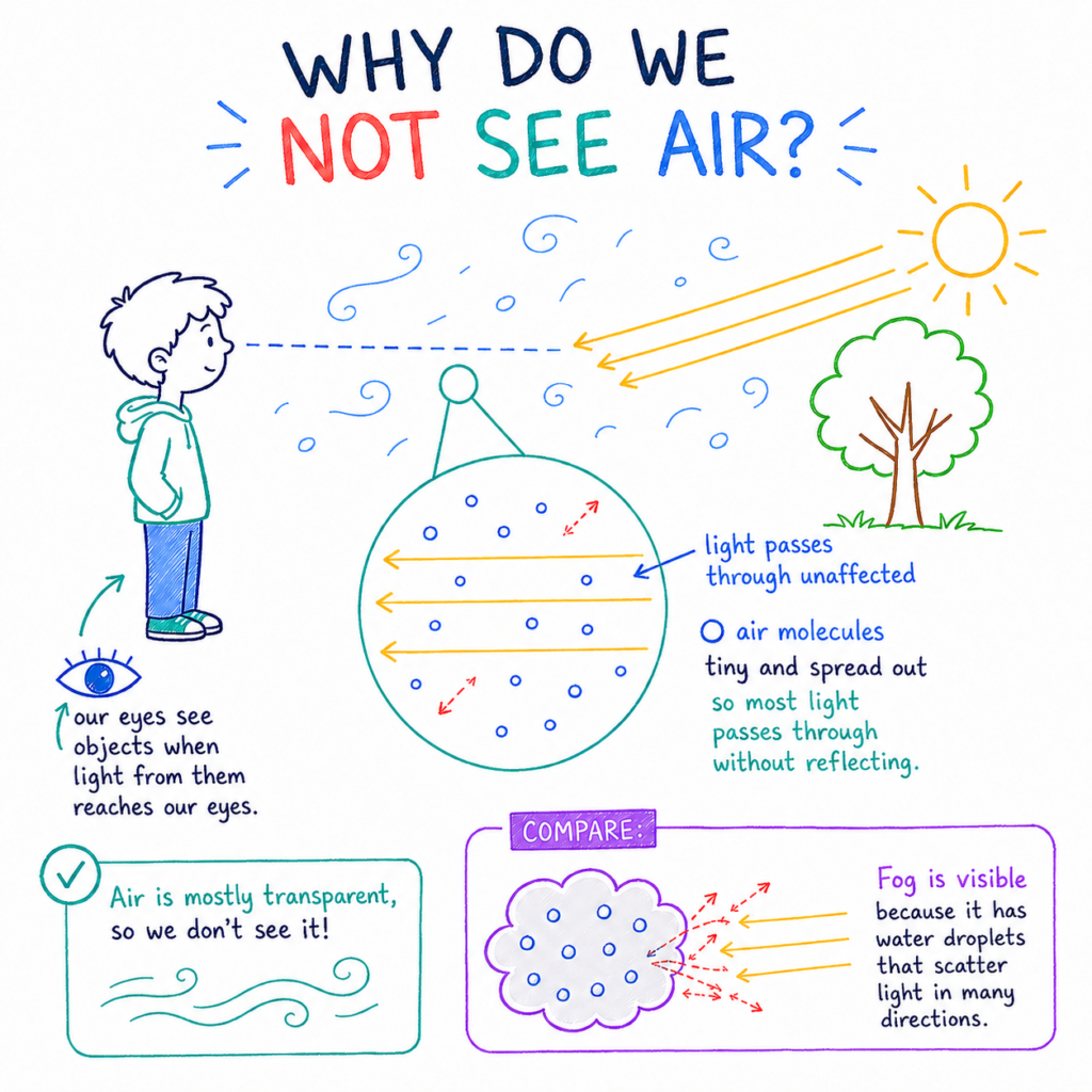 Hand-drawn style educational scribble illustration explaining why we don’t see air, showing light passing through tiny spread-out air molecules unaffected.
The diagram compares transparent air with visible fog, where water droplets scatter light in many directions.