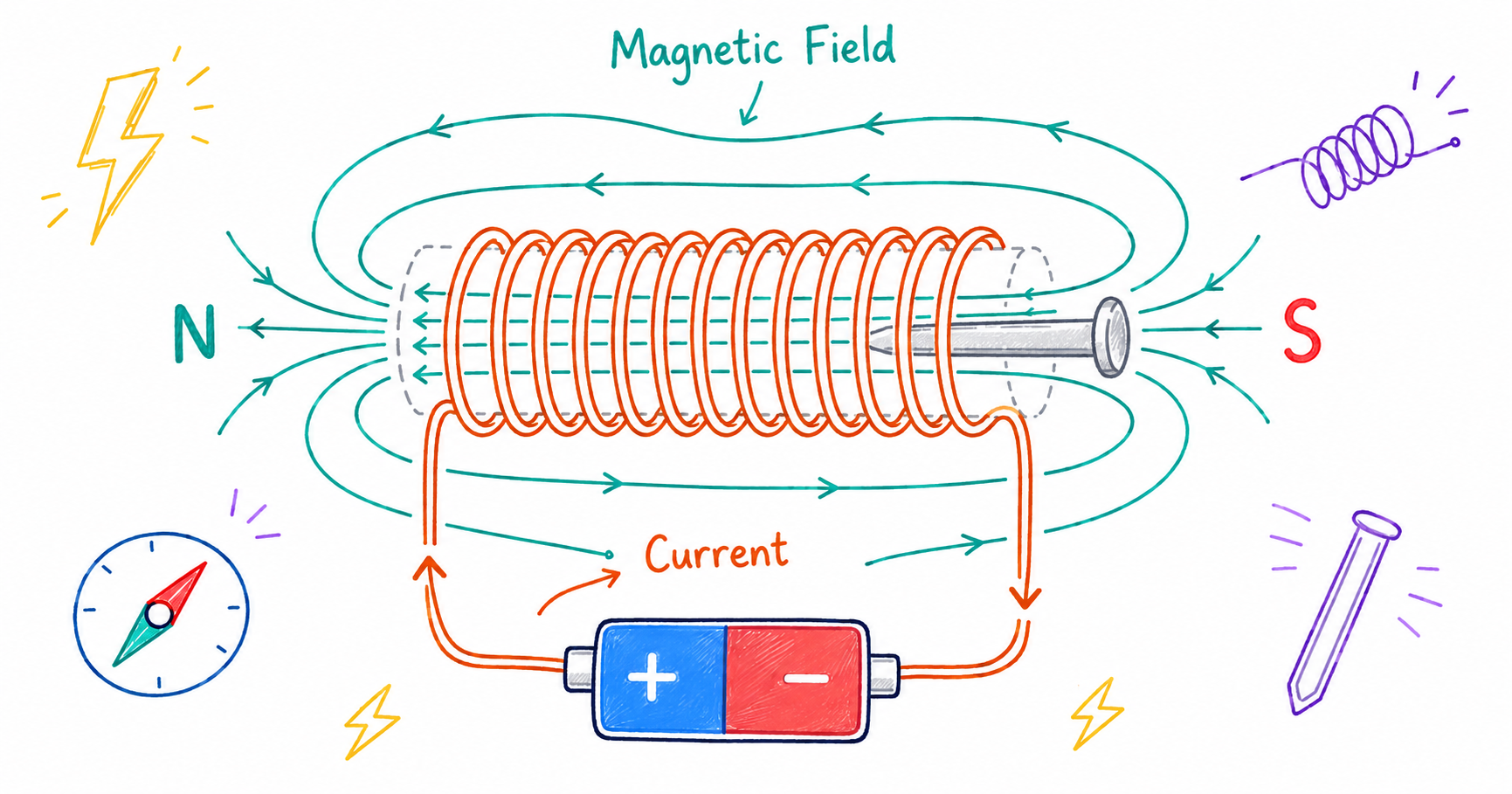 Educational scribble-style illustration showing how a solenoid works, with a central wire coil connected to a battery and current arrows flowing through the circuit. Magnetic field lines loop around the coil, with N and S poles labeled, plus a compass, lightning symbols, and an iron nail/rod to show the solenoid acting like an electromagnet.