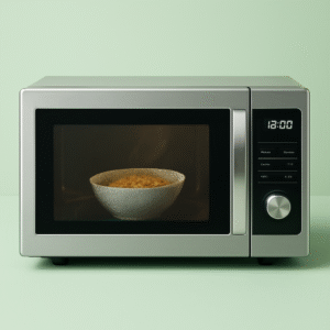 Microwave oven with food inside being cooked.