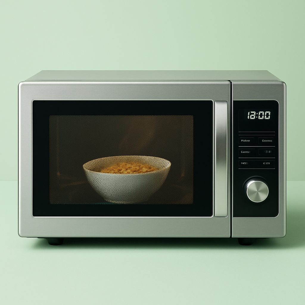 Microwave oven with food inside being cooked.