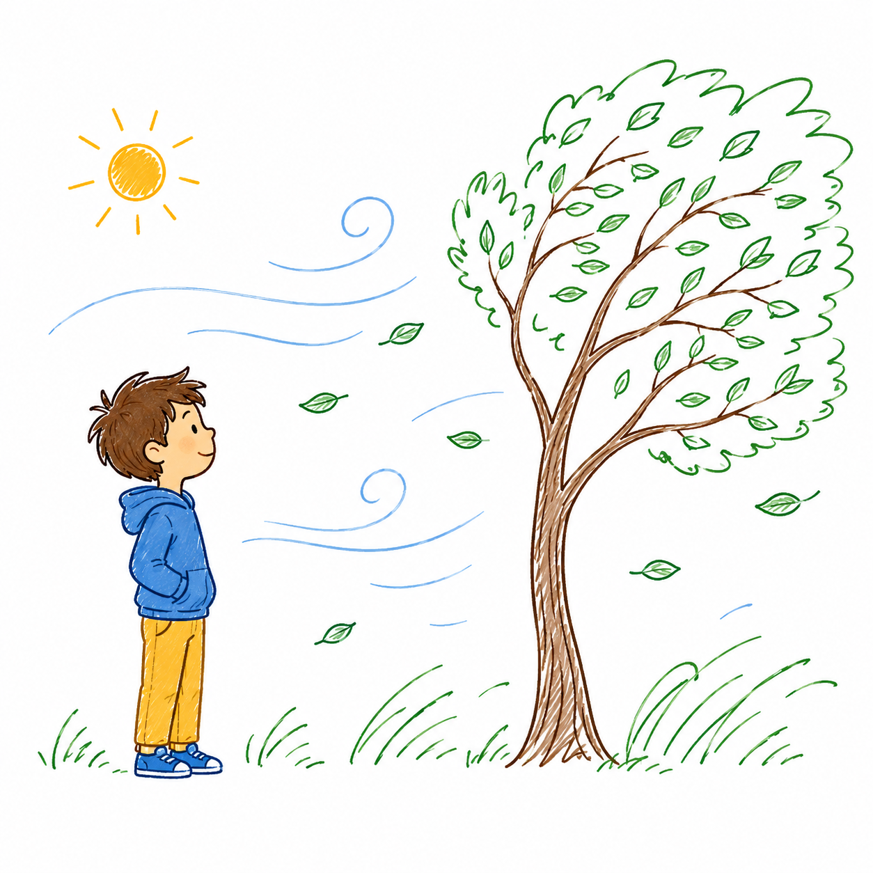 An han drawn style scribble image depicting a boy watching a tree whose leaves are moving due to the blowing of air.