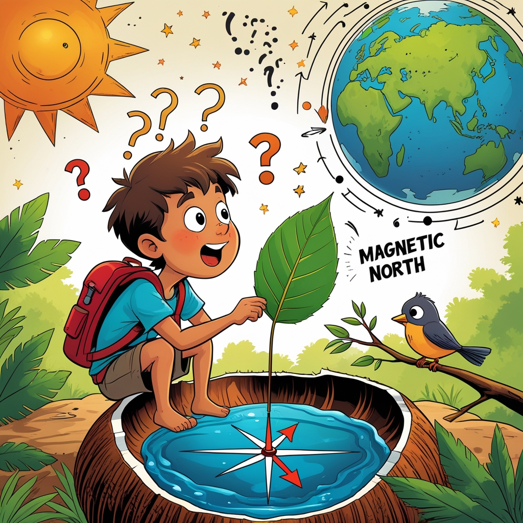 A kid holding a leaf in its hand looking surprise while sitting near coconut shell filled with water