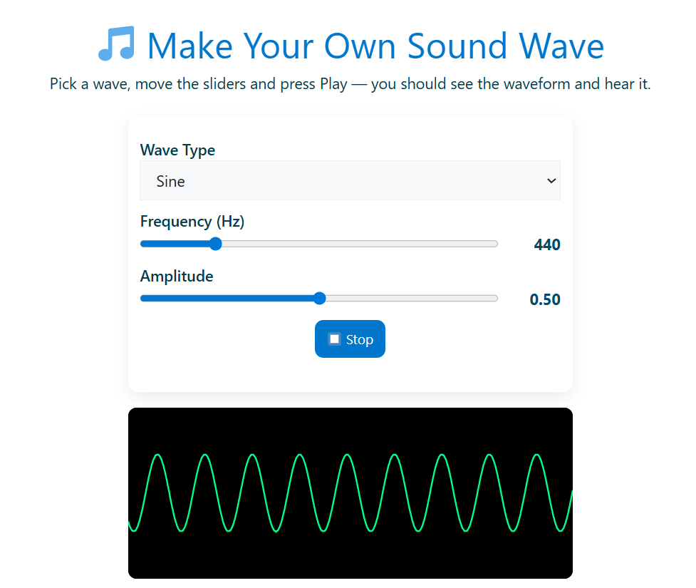 The picture of a widget showing a dropdown box from where you can select the wave shape. There two slider bars which allow you to adjust frequency and amplitude. Finally when the user click on Play button, the wave appears below Play button.