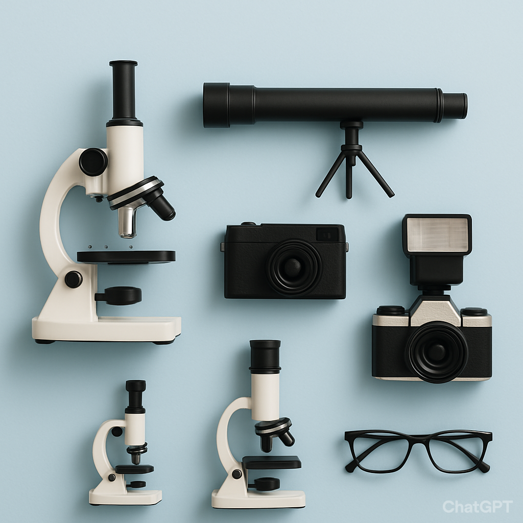 A minimalist flat-lay composition showing a variety of microscopes, telescopes, digital cameras, flash cameras, and eyeglasses neatly arranged on a soft pastel blue background.