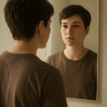 A boy is looking into the mirror seeing himself.