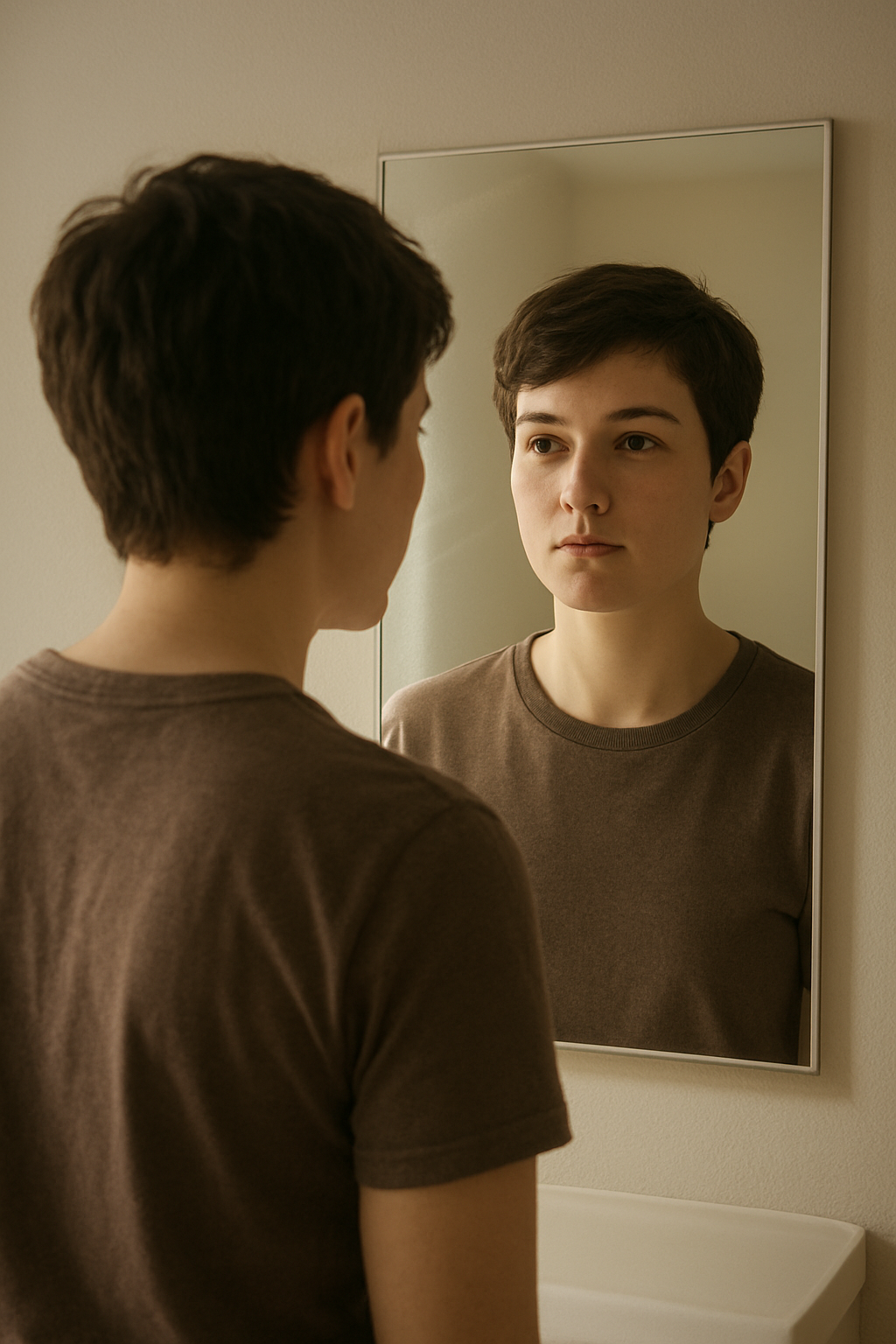 A boy is looking into the mirror seeing himself.