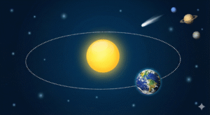 A bright, colorful educational illustration showing the Earth orbiting the Sun. The Sun appears as a vibrant yellow and orange sphere in the center. The Earth, featuring green continents and blue oceans, travels along a single, white, dotted elliptical path indicating its orbit. The background is a clean deep blue space filled with scattered soft stars.