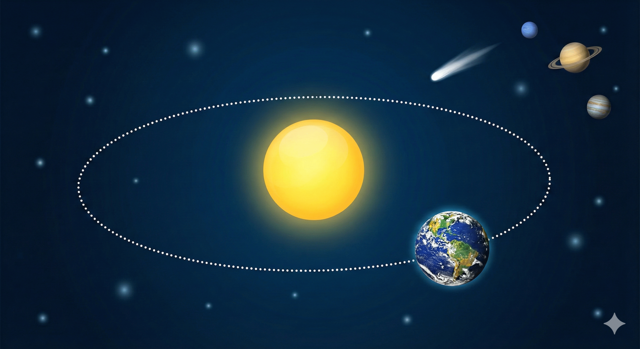 A bright, colorful educational illustration showing the Earth orbiting the Sun. The Sun appears as a vibrant yellow and orange sphere in the center. The Earth, featuring green continents and blue oceans, travels along a single, white, dotted elliptical path indicating its orbit. The background is a clean deep blue space filled with scattered soft stars.