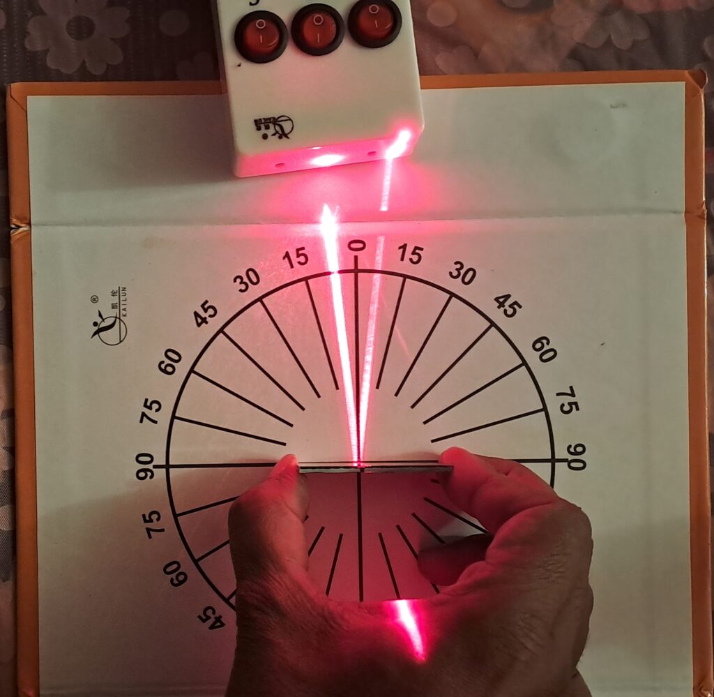 Laser light beam is incident on the mirror at 5 degrees and the reflected back at the same angle of 5 degrees.