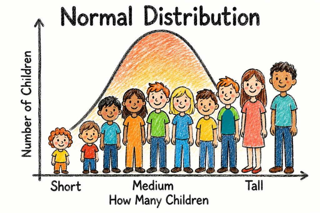 Educational illustration showing a normal distribution curve with children of different heights arranged from short to medium to tall. The bell-shaped curve visually connects to the idea of a Galton board, where many small random choices create a pattern with most results near the middle and fewer results at the extremes.