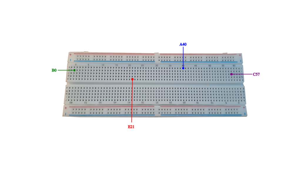 The holes B0, A40, E21 and C57 are labeled on breadboard against white background.