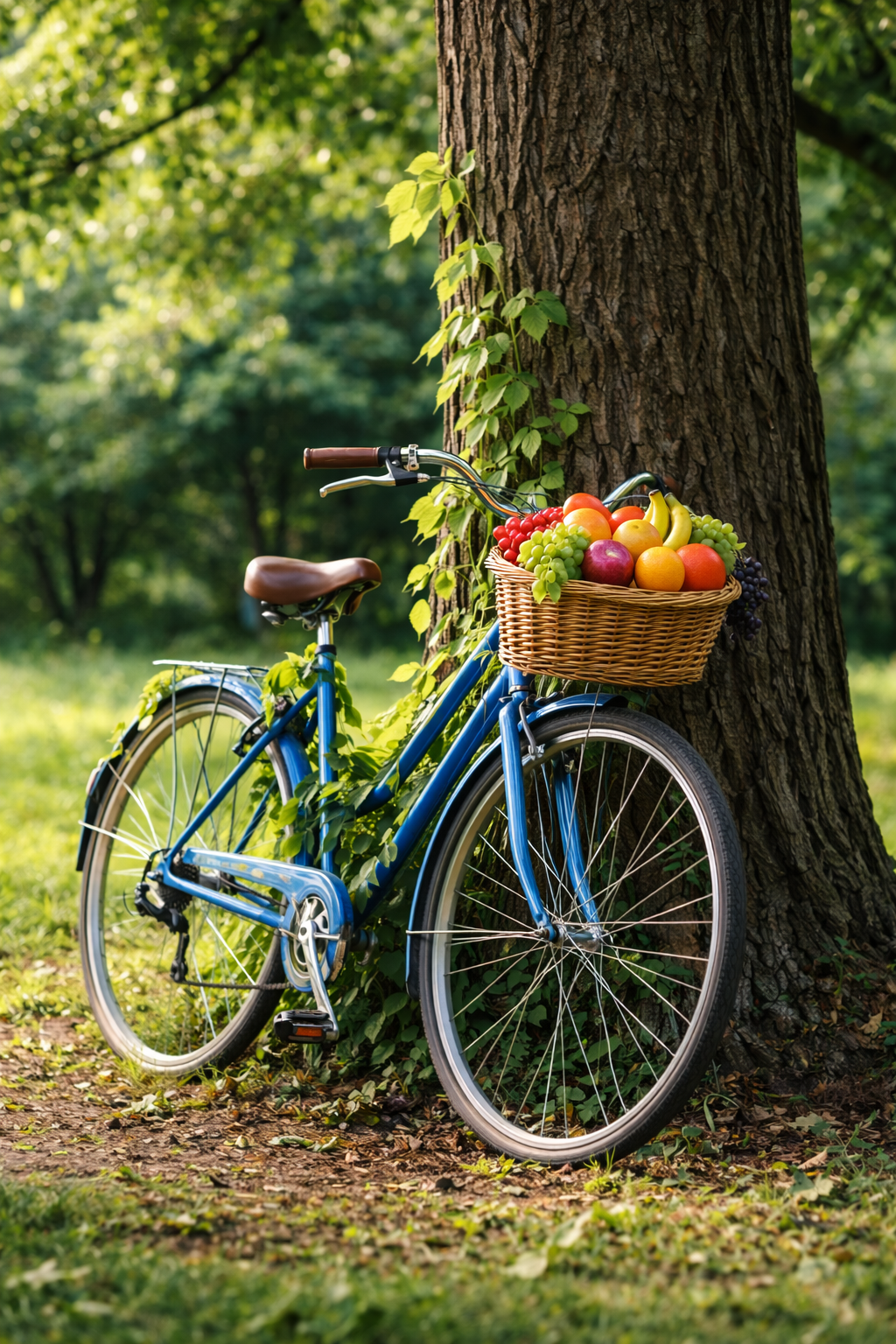 A blue vintage-style bicycle leaning against a large tree in a sunlit park, with a wicker basket on the front filled with colorful fruits like apples, oranges, grapes, and bananas, surrounded by green grass and lush