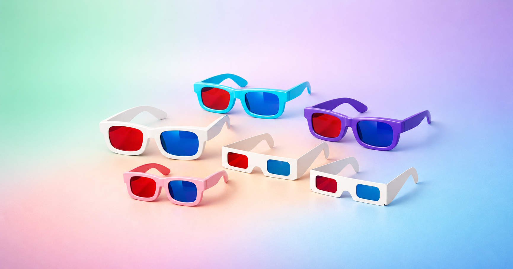 The picture showing 3D glasses of different sizes, shapres and color.