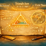 An illustrated parchment scroll displaying glowing Euclidean geometry diagrams, including a triangle with labeled angles, parallel lines, and a circle theorem, surrounded by a classical compass, ruler, quill, and ink pot, illuminated by warm golden light against a teal background.