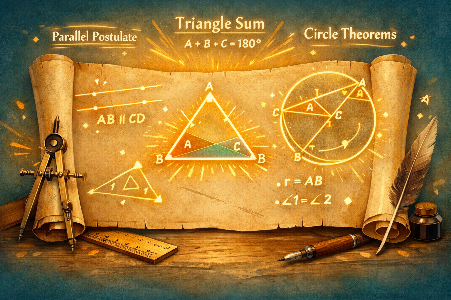 An illustrated parchment scroll displaying glowing Euclidean geometry diagrams, including a triangle with labeled angles, parallel lines, and a circle theorem, surrounded by a classical compass, ruler, quill, and ink pot, illuminated by warm golden light against a teal background.