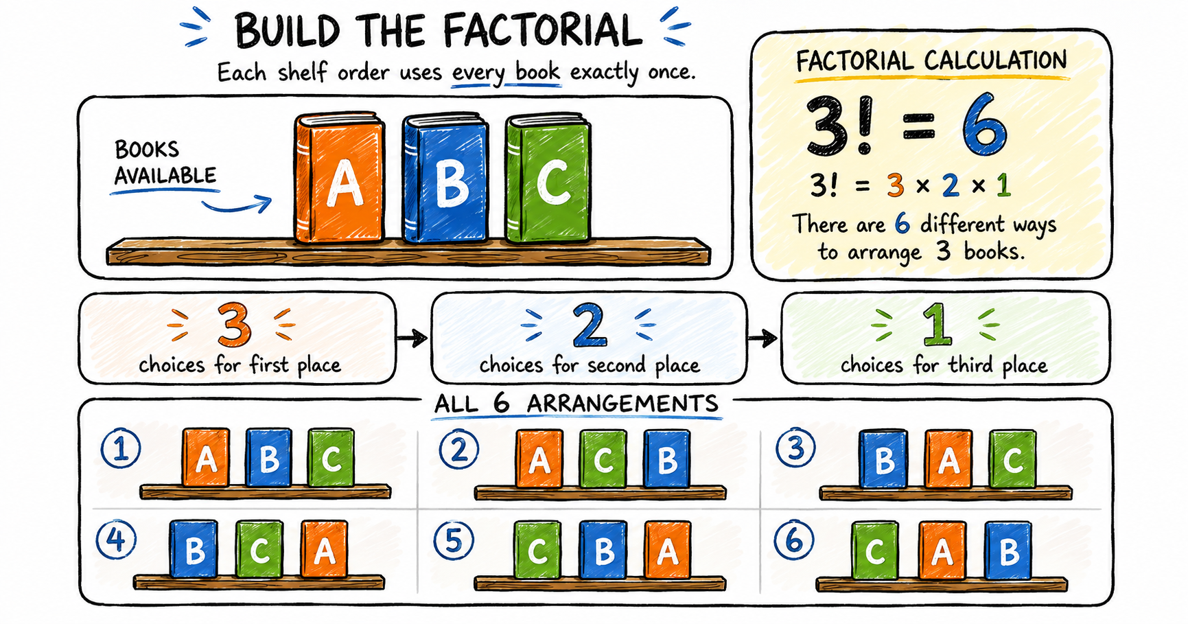 Scribble-style educational infographic explaining factorials with three books labeled A, B, and C, showing 3!=3×2×1=6 and all six possible arrangements of the books.