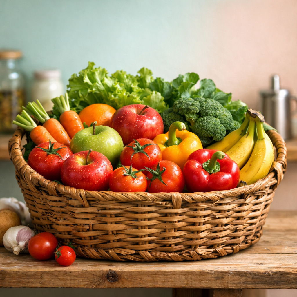 A basket full of fruits and vegetables, placed on kitchen table.