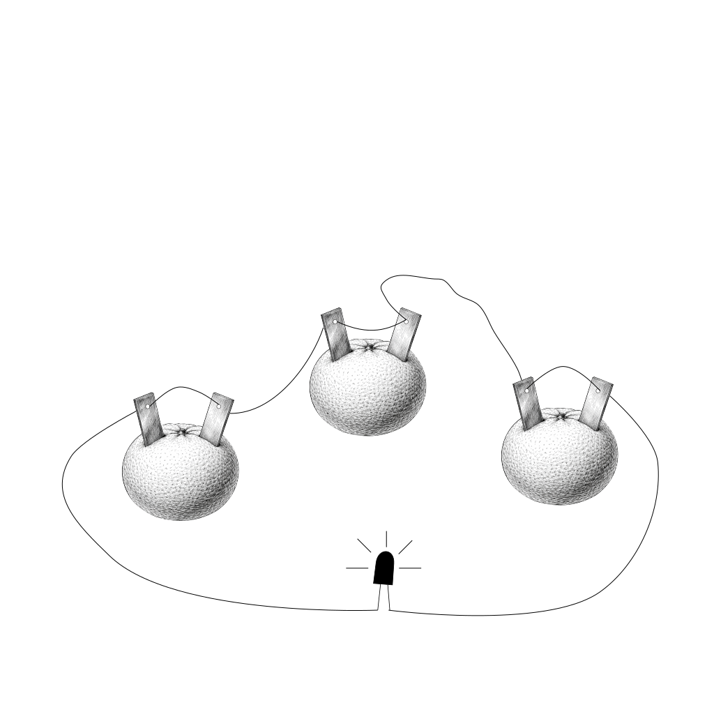 Three oranges with electrodes inserted into them are connected by wires which are then connected to LED bulb. This whole scheme demonstrates who bio-energy generates small amount of electricity.
