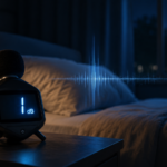 Night time bedroom scene showing an extremely quiet environment with a modern digital sound meter displaying “1 dB” on a bedside table. Soft blue and warm lamp lighting illuminate a calm bedroom with subtle glowing sound wave graphics in the background, representing very low sound intensity and peaceful silence.