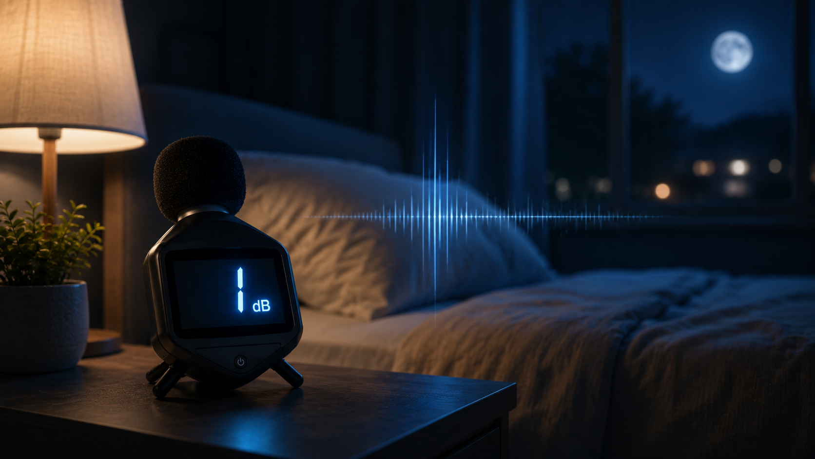 Night time bedroom scene showing an extremely quiet environment with a modern digital sound meter displaying “1 dB” on a bedside table. Soft blue and warm lamp lighting illuminate a calm bedroom with subtle glowing sound wave graphics in the background, representing very low sound intensity and peaceful silence.