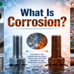 Educational infographic titled “What Is Corrosion?” showing a side-by-side comparison of clean, protected metal and rusted, corroded metal. The left side features shiny stainless steel pipes, bolts, metal sheets, and railings labeled “New & Protected,” while the right side displays heavily rusted pipes, bolts, metal plates, and railings labeled “Corroded & Damaged.” In the center, two large bolts compare new versus rusted metal, with a scientific corrosion illustration and a brief explanation describing corrosion as the natural process where metals react with their environment and deteriorate over time.