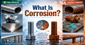 Educational infographic titled “What Is Corrosion?” showing a side-by-side comparison of clean, protected metal and rusted, corroded metal. The left side features shiny stainless steel pipes, bolts, metal sheets, and railings labeled “New & Protected,” while the right side displays heavily rusted pipes, bolts, metal plates, and railings labeled “Corroded & Damaged.” In the center, two large bolts compare new versus rusted metal, with a scientific corrosion illustration and a brief explanation describing corrosion as the natural process where metals react with their environment and deteriorate over time.
