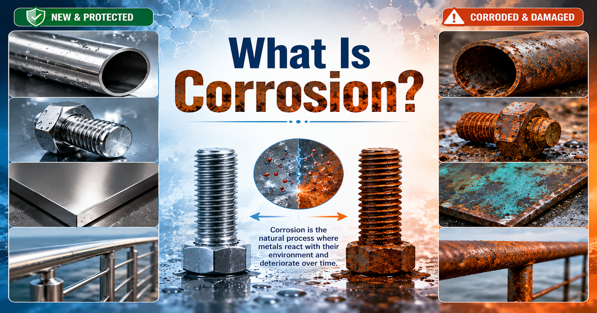 Educational infographic titled “What Is Corrosion?” showing a side-by-side comparison of clean, protected metal and rusted, corroded metal. The left side features shiny stainless steel pipes, bolts, metal sheets, and railings labeled “New & Protected,” while the right side displays heavily rusted pipes, bolts, metal plates, and railings labeled “Corroded & Damaged.” In the center, two large bolts compare new versus rusted metal, with a scientific corrosion illustration and a brief explanation describing corrosion as the natural process where metals react with their environment and deteriorate over time.
