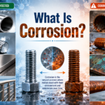 Educational infographic titled “What Is Corrosion?” showing a side-by-side comparison of clean, protected metal and rusted, corroded metal. The left side features shiny stainless steel pipes, bolts, metal sheets, and railings labeled “New & Protected,” while the right side displays heavily rusted pipes, bolts, metal plates, and railings labeled “Corroded & Damaged.” In the center, two large bolts compare new versus rusted metal, with a scientific corrosion illustration and a brief explanation describing corrosion as the natural process where metals react with their environment and deteriorate over time.