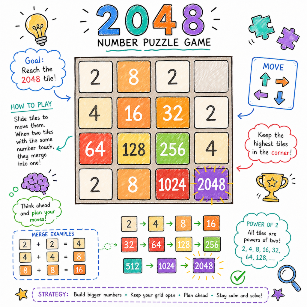 Hand-drawn style educational illustration of the 2048 number puzzle game featuring a colorful 4×4 grid with numbered tiles, merge examples, and strategy doodles. The infographic visually explains how matching powers of two combine to reach the 2048 tile through logical thinking and planning.