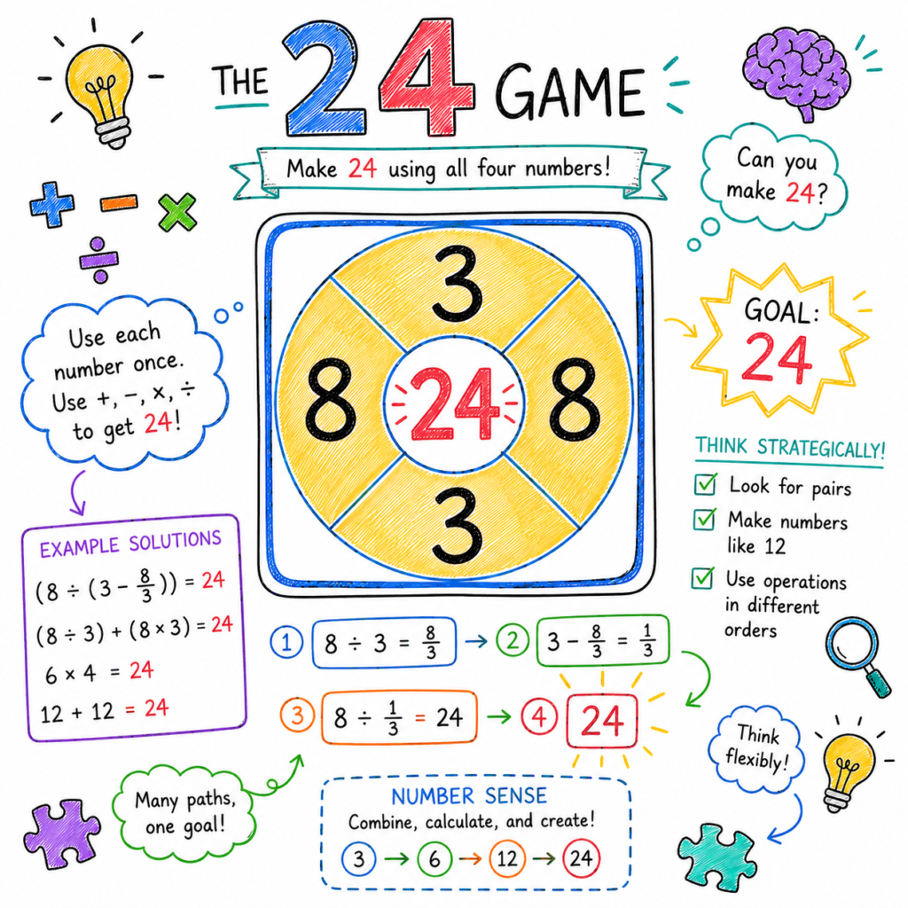 Hand-drawn educational scribble illustration of the 24 Math Game featuring four numbers, arithmetic operations, and colorful logic doodles centered around the goal of making 24. The infographic highlights mental math strategies, number combinations, and problem-solving techniques in a fun notebook-style design.