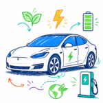 Hand-drawn educational illustration of a modern electric car on a white background, surrounded by clean energy symbols like a battery, lightning bolt, leaf, globe, and charging station. The colorful scribble-style design highlights electric vehicles, eco-friendly transport, and clean energy in a bright, kid-friendly way.