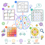 Educational scribble illustration showcasing five fun math games—Sudoku, KenKen, Kakuro, 2048, and the 24 Game—surrounding a brain made of numbers and math symbols. The colorful infographic highlights how fun math games help improve logic, problem-solving, focus, and critical thinking skills.