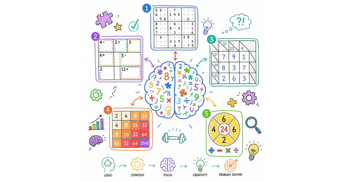 Educational scribble illustration showcasing five fun math games—Sudoku, KenKen, Kakuro, 2048, and the 24 Game—surrounding a brain made of numbers and math symbols. The colorful infographic highlights how fun math games help improve logic, problem-solving, focus, and critical thinking skills.