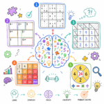 Educational scribble illustration showcasing five fun math games—Sudoku, KenKen, Kakuro, 2048, and the 24 Game—surrounding a brain made of numbers and math symbols. The colorful infographic highlights how fun math games help improve logic, problem-solving, focus, and critical thinking skills.
