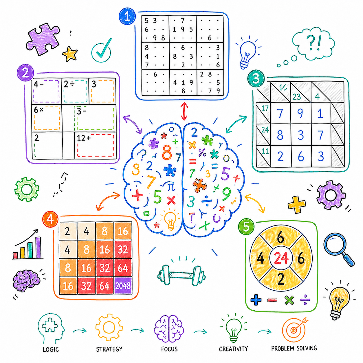 Educational scribble illustration showcasing five fun math games—Sudoku, KenKen, Kakuro, 2048, and the 24 Game—surrounding a brain made of numbers and math symbols. The colorful infographic highlights how fun math games help improve logic, problem-solving, focus, and critical thinking skills.