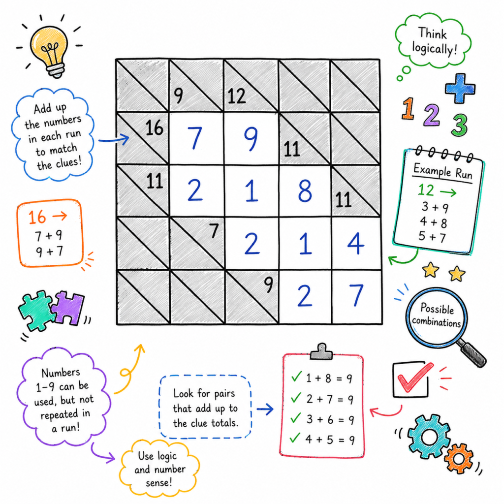Hand-drawn style illustration of a Kakuro puzzle featuring a crossword-style number grid with diagonal clue cells and colorful logic doodles. The infographic highlights addition-based number combinations, puzzle-solving strategies, and critical thinking through a clean, notebook-style design.