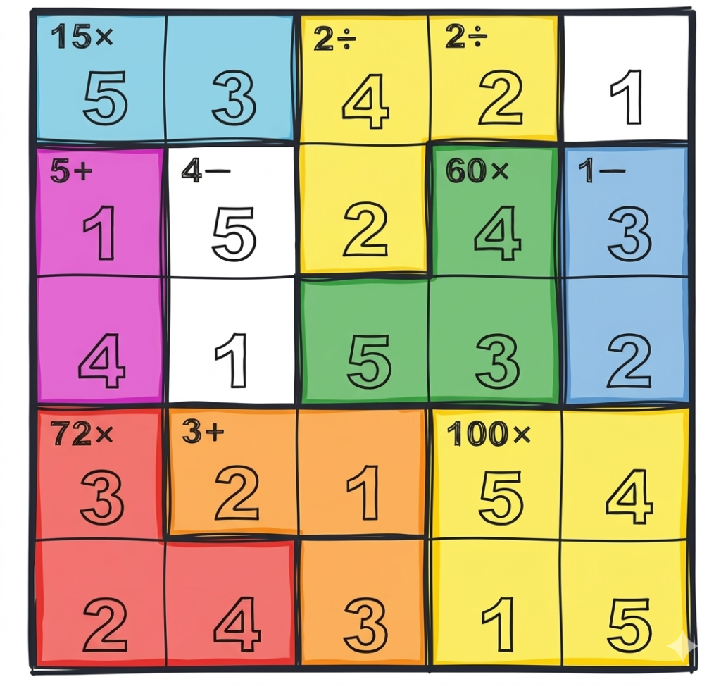 A friendly hand-drawn illustration of a 5x5 KenKen puzzle on a plain white background, featuring colourful sections in blue, yellow, magenta, green, and orange, and the hand-written numbers and math equations from the original input image.