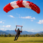 Skydiver gliding towards grassy field