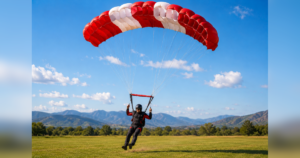 Skydiver gliding towards grassy field