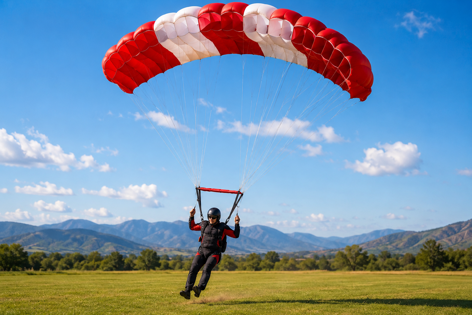 Skydiver gliding towards grassy field