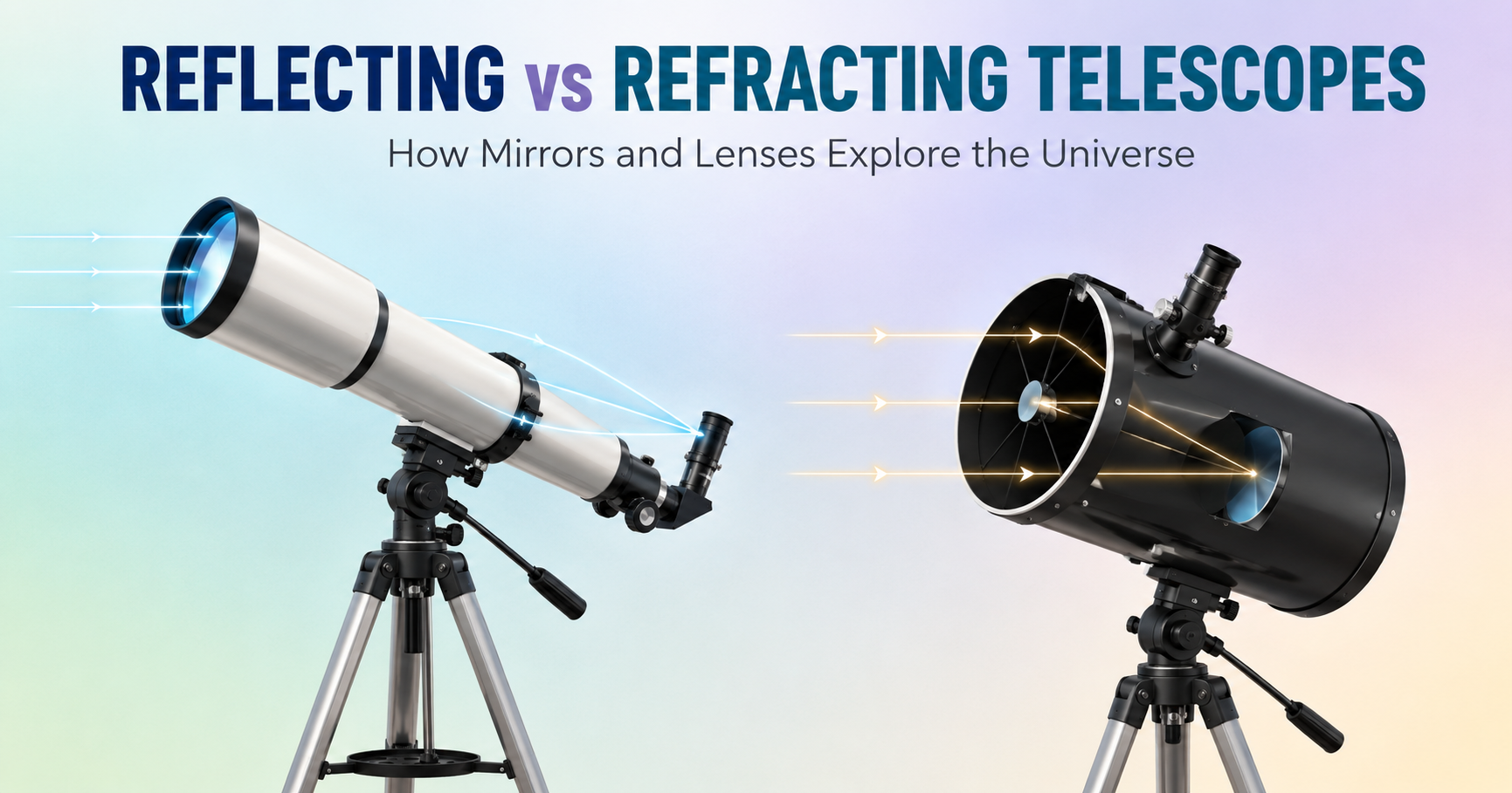 Side-by-side educational comparison of a refracting telescope and a reflecting telescope, showing how lenses bend light and mirrors reflect light to form images. The image includes labeled-style light ray paths on a soft pastel background.