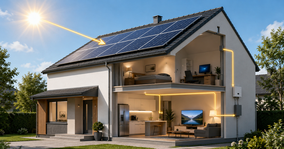 Modern house with rooftop solar panels generating electricity from sunlight, showing a cutaway interior with glowing energy flow from solar panels to an inverter and home appliances powered by solar energy.