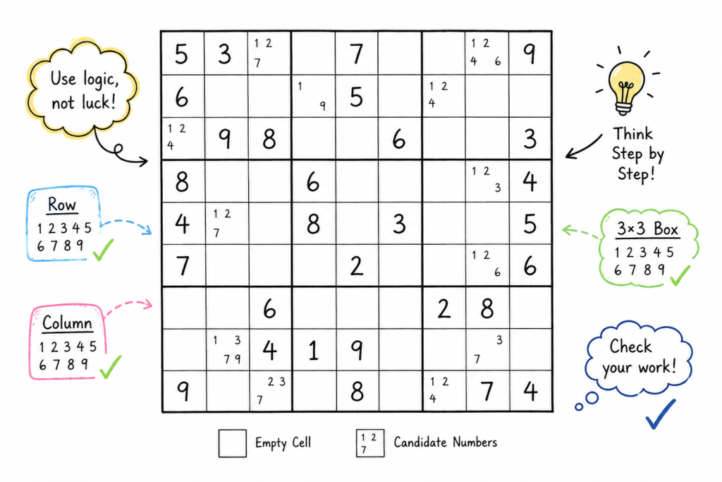 A hand-drawn educational scribble illustration of a Sudoku puzzle featuring a large 9×9 grid with some numbers filled in and candidate notes written in several cells. The clean white-background design highlights logical thinking, pattern recognition, and problem-solving through a simple, colorful infographic style.