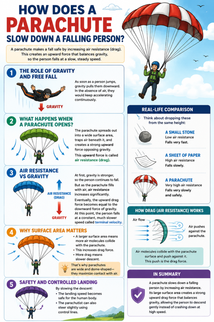 The picture explains why does a parachute falls slowly.