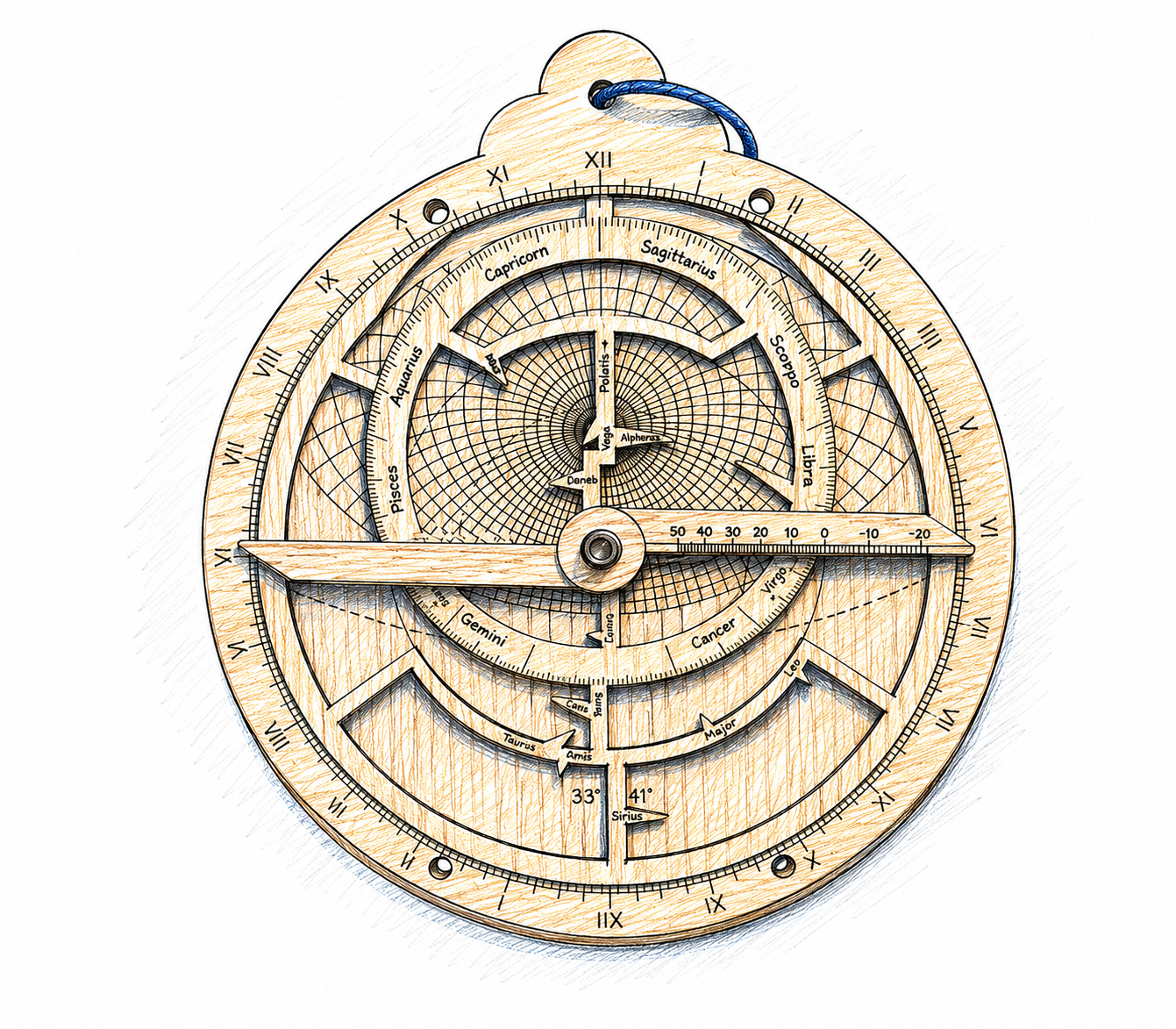 Scribble-style illustration of a wooden astrolabe shown from above, featuring detailed circular scales, Roman numerals, zodiac labels, and intricate grid patterns. The instrument is shaded in warm wood tones with fine hand-drawn outlines and a blue cord loop at the top, set against a clean white background.