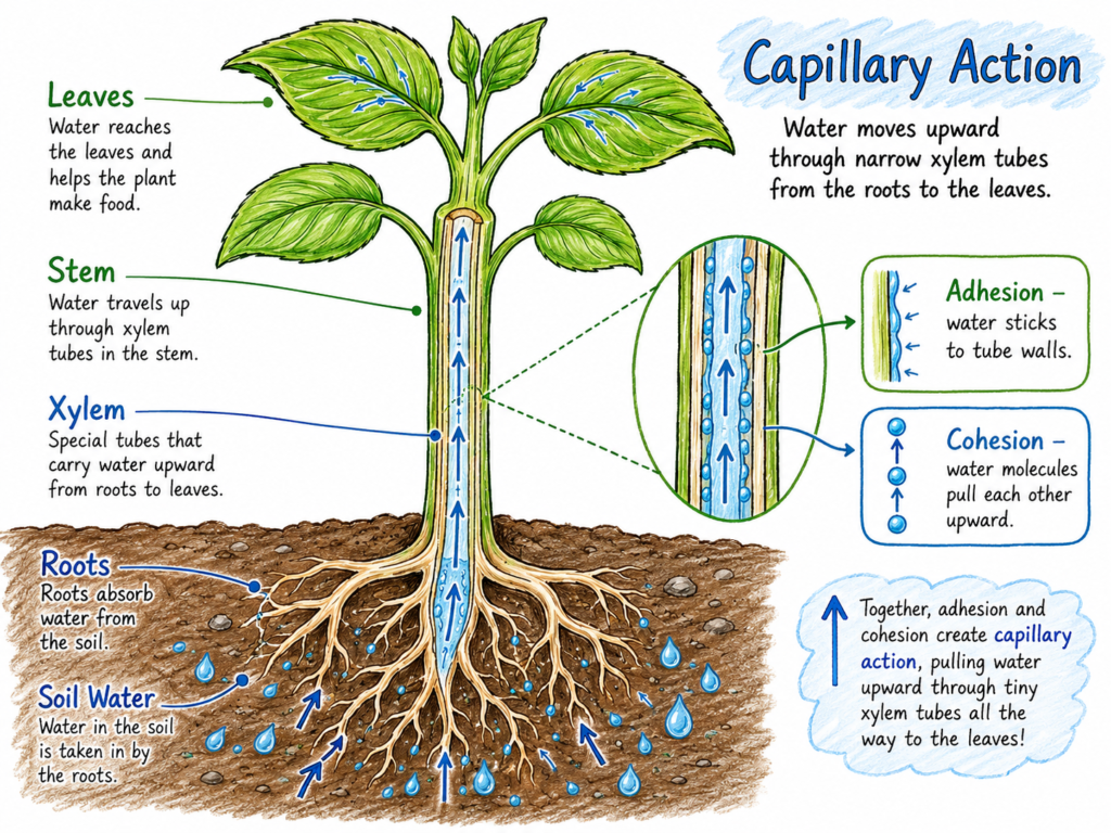 Hand-drawn scribble-style educational diagram of capillary action in a plant, showing roots absorbing water from the soil and blue arrows carrying it upward through xylem tubes in the stem to the leaves. Labels explain roots, stem, xylem, and leaves, with a magnified inset showing adhesion and cohesion helping water move upward against gravity.