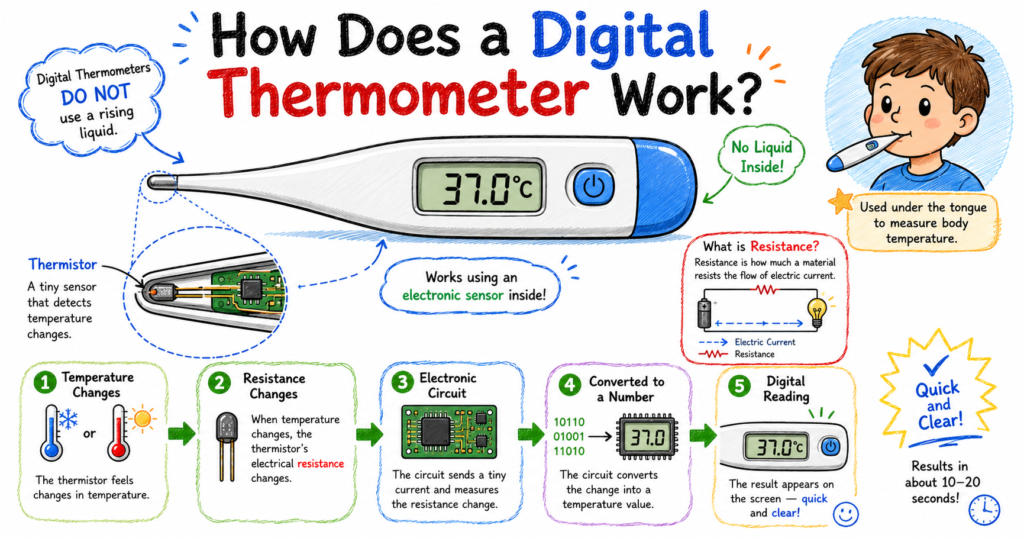 A scribble-style educational infographic titled “How Does a Digital Thermometer Work?” shows a large digital thermometer in the center with a screen reading 37.0°C. A magnified cutaway near the tip reveals a tiny thermistor and internal electronic parts. A five-step diagram along the bottom explains the process: temperature changes, the thermistor’s resistance changes, the electronic circuit measures the change, the signal is converted into a number, and the digital reading appears on the screen. Additional panels show that digital thermometers do not use liquid, define electrical resistance, and illustrate a child using the thermometer under the tongue to measure body temperature.
