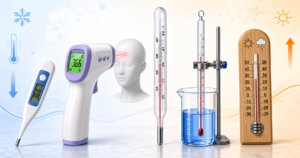 Educational feature image showing different types of thermometers arranged side by side, including a digital thermometer, an infrared forehead thermometer aimed at a person’s forehead, a glass mercury-style thermometer, a laboratory thermometer in a beaker of blue liquid, and a wooden weather thermometer, with blue-to-orange temperature-themed background elements and heat/cold icons.