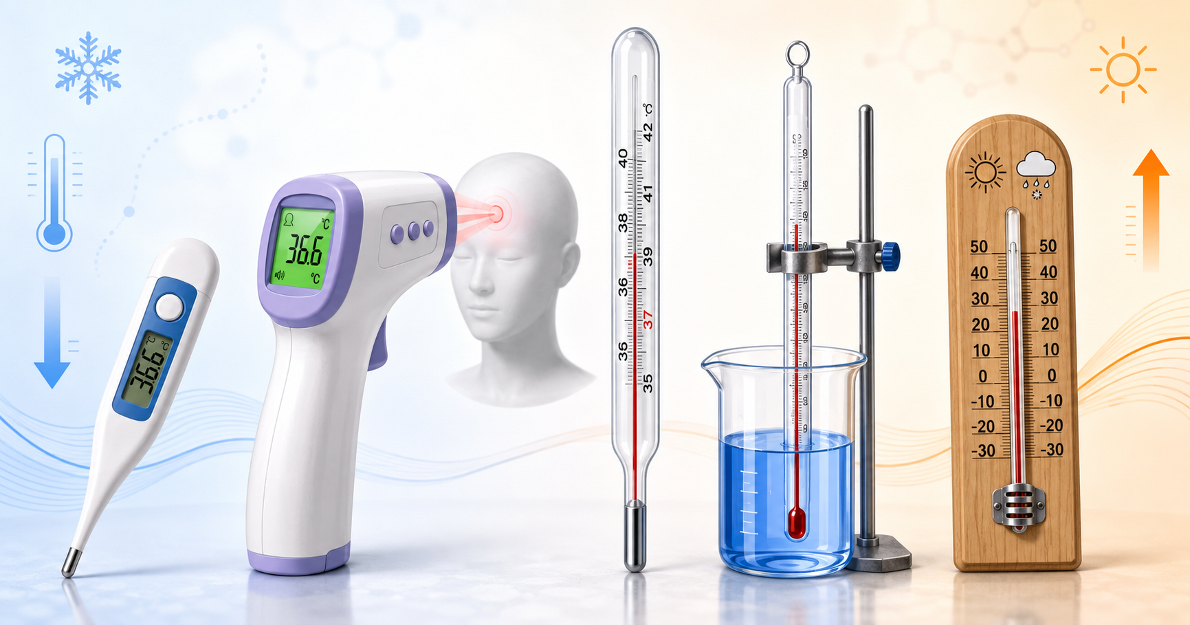 Educational feature image showing different types of thermometers arranged side by side, including a digital thermometer, an infrared forehead thermometer aimed at a person’s forehead, a glass mercury-style thermometer, a laboratory thermometer in a beaker of blue liquid, and a wooden weather thermometer, with blue-to-orange temperature-themed background elements and heat/cold icons.