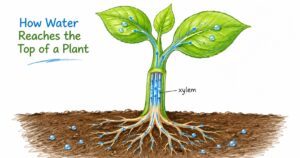 Hand-drawn educational illustration showing how water moves from soil through plant roots and upward through xylem tubes in the stem to reach the leaves, with blue arrows, water droplets, and a cutaway stem labeled “xylem.”